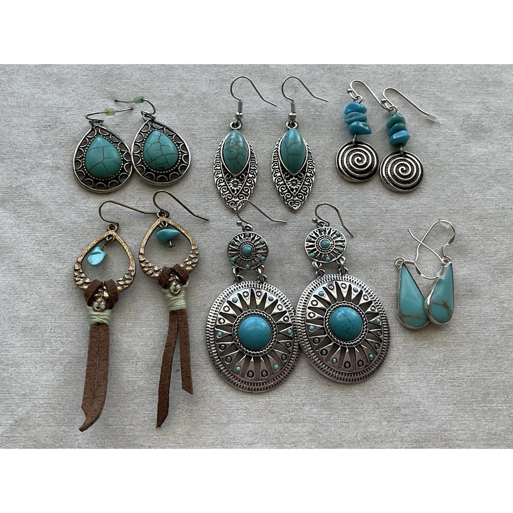 Lot Of 6 Pairs Southwestern Style Pierced Dangle Earrings Faux Turquoise Estate